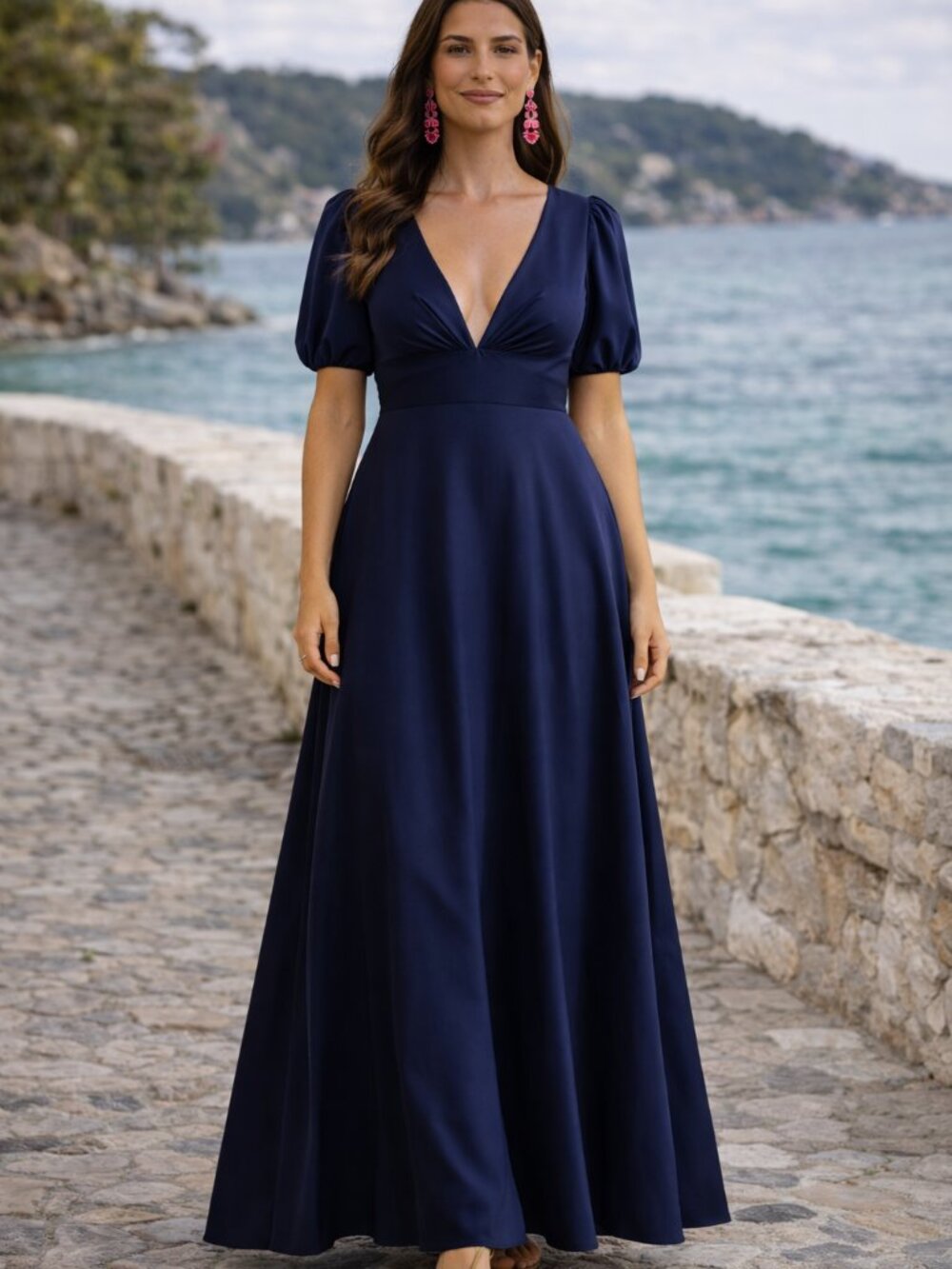 Sachin & Babi Navy Puff Sleeve Maxi Gown Dress